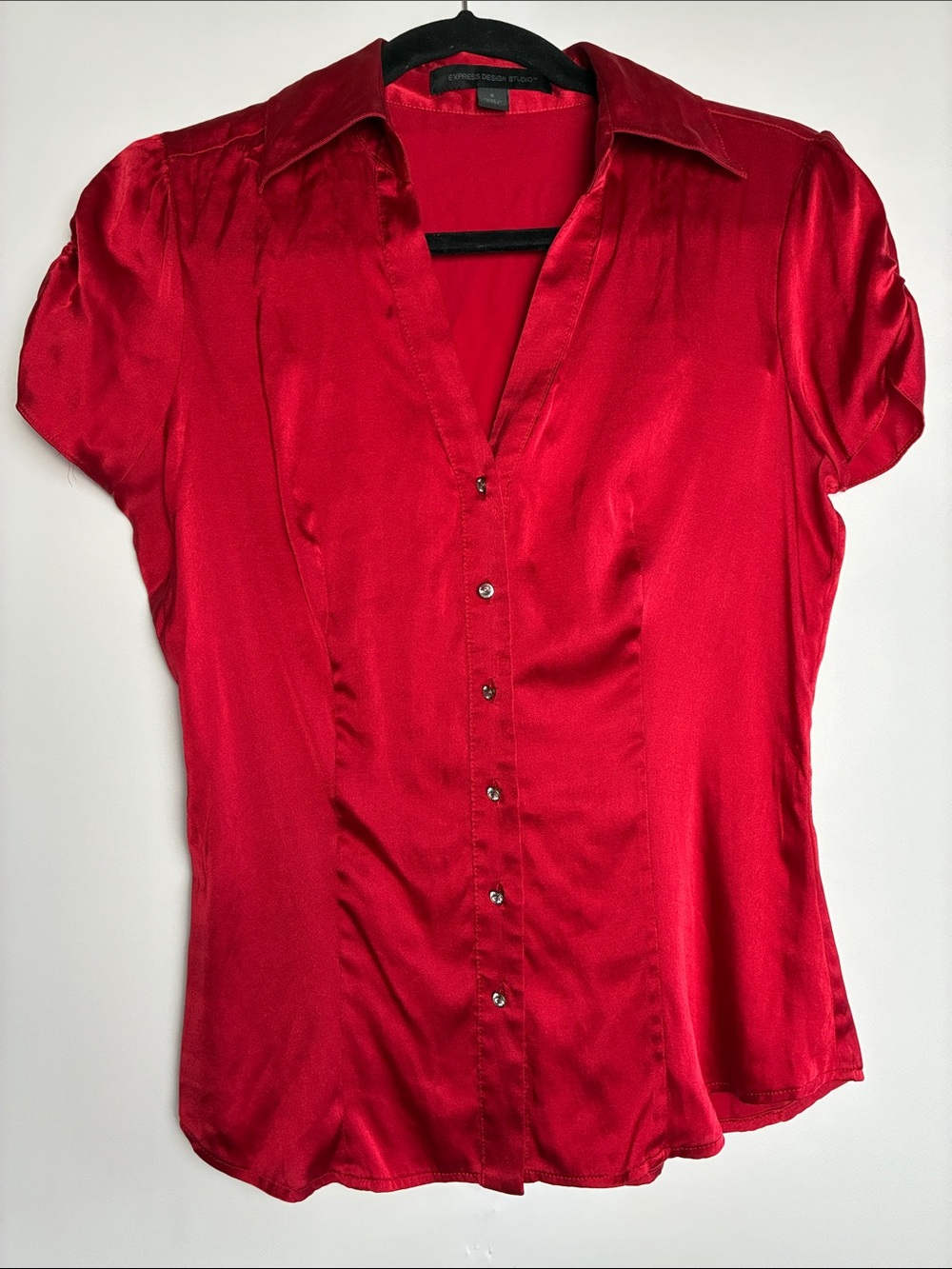 Y2K Silk Express Red Short-Sleeve Rhinestone Button-Down Blouse